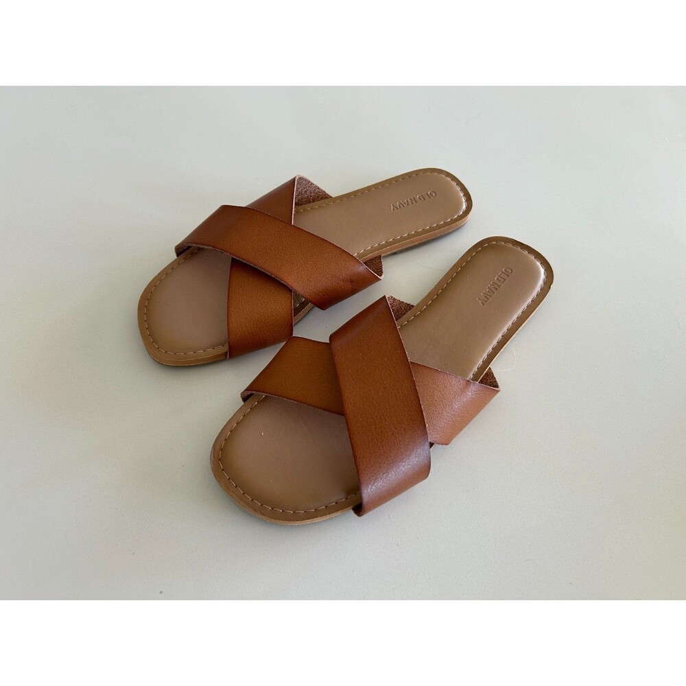 Old Navy Women's Size 9 Tan Brown Crisscross Slide Sandals Flat Slip On